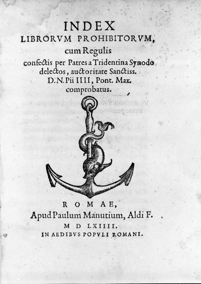 Roomassa vuonna 1564 julkaistun Index Librorum Prohibitorum (kiellettyjen kirjojen hakemisto eli Index Exurgatorius) etusivu. Hän luettelee kirjoja, joita roomalaiskatolisten ei sallittu lukea. tekijältä Unknown artist