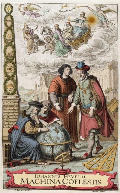 Johannes Heveliuksen (Jan Heweliusz) (1611-1687) "Machina coelestiksen" etukuva 1673 - Johannes Hevelius (1611-87) puolalainen tähtitieteilijä; kuvassa neljä suurta tähtitieteilijää, Hipparchos (n. 190-120 eKr.) (Hipparkhos), Ptolemaios (83-161 jKr) (Claud tekijältä Unknown artist