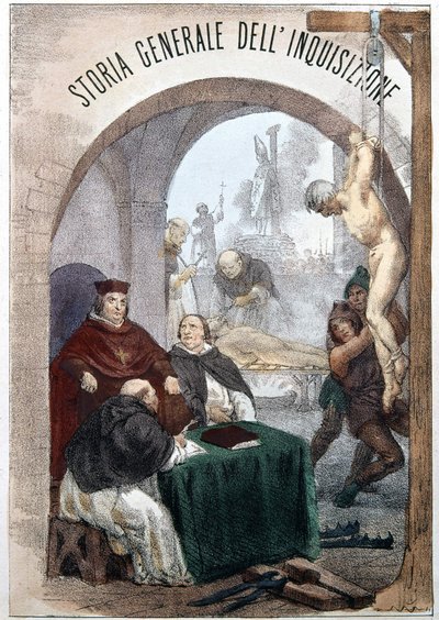 Pietro Tamburinin inkvisition yleishistorian etukuva, jossa kuva, joka kuvaa symbolisen inkvisition kohtauksia. Milano 1850. tekijältä Unknown artist
