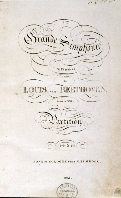 Sinfonia n:n partituurin ensimmäisen saksankielisen painoksen etukuva. Saksalaisen säveltäjän Ludwig van Beethovenin (1770-1827) (1799-1800) 1 C-duuri. Bonn tekijältä Unknown artist