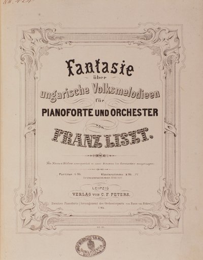 Franz Lisztin (1811-1886) partituurin "" Fantasia pianolle ja orkesterille" etukappale 1800-luvun Bologna, civico museo musicale tekijältä Unknown artist