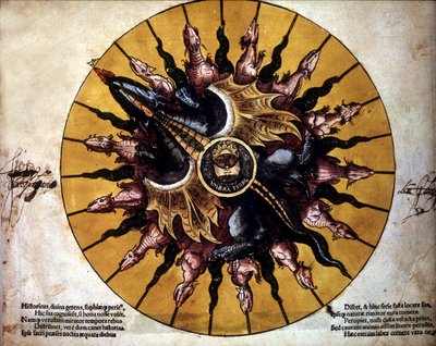 Frontispice edustaa aurinkoa - "Astronomicum Caesarium", Ptolemeuksen teoriaa käsittelevä tähtitieteen tutkielma, P. Apiano. tekijältä Unknown artist