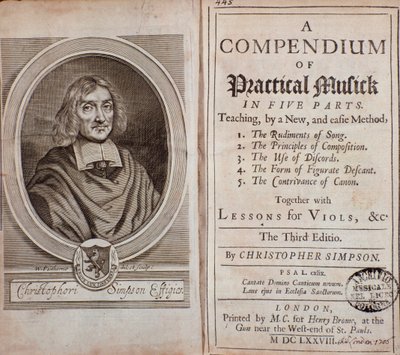 Käytännön musiikin viidestä osasta koostuvan kokoelman etukappale Cristopher Simpsonin viola da gamba -tunteilla tekijältä Unknown artist