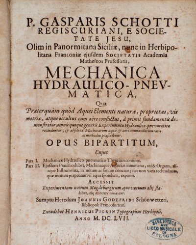 Gaspar Schottin Mechanica Hydraulico Pneumatican etuosa tekijältä Unknown artist