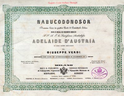 Giuseppe Verdin Nabucco-oopperan partituurin etukappale tekijältä Unknown artist