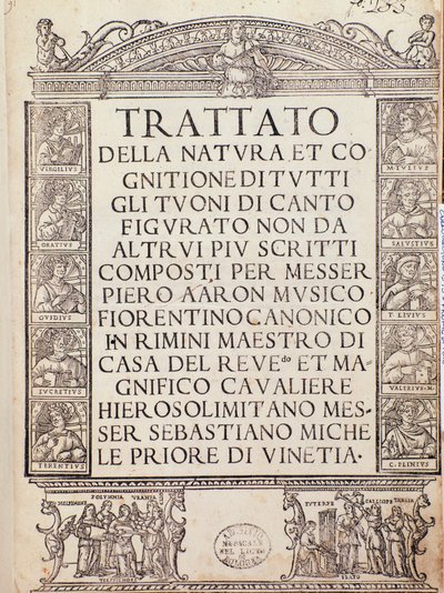 Pietro Aronin Traktaatti luonnosta ja kaikkien figuratiivisten lauluduonien tuntemuksesta etupuoli tai otsikkosivu tekijältä Unknown artist