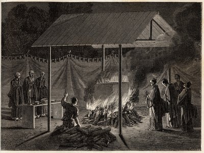 Hautajaiset: rituaalipoltto. Kaiverrus havainnollistamaan matkaa Japaniin vuosina 1863-1864, Sveitsin valaliiton ministeri Aime Humbert, "Le tour du monde, nouveau journal des voyages", julkaistu Edouard Chartonin johdolla. tekijältä Unknown artist