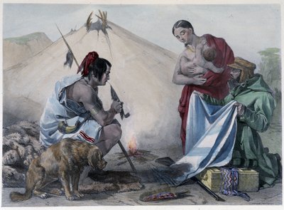 Kangasvaihtokauppa Kanadan huroniintiaanien ja valkoisen miehen välillä - Coke Smythin, Lontoon teoksessa "" Shythin luonnokset Kanadassa" tekijältä Unknown artist
