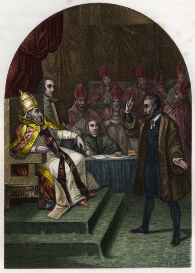 Galileo (tai Galileo Galilei (1564-1642) ennen paavi Urbanus VIII:ta vuonna 1633. (Urbano 8 Maffeo Barberini) Kaiverrus vuodelta 1842 Maurice Lachatren teokseen "History of the Popes". Yksityinen kokoelma. tekijältä Unknown artist