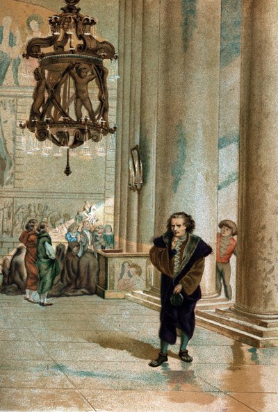 Galileo Galilei dit Galileo (1564 - 1642). tarkkailemassa Pisan katedraalin lampun värähtelyä. Louis Figuierin "Tiede ja sen miehet" Barcelona 1881 -sarjasta tekijältä Unknown artist