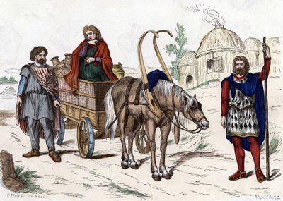 Gallialainen asunto, nainen, talonpoika, vaunut, rikas maanviljelijä, valjaat - "" Ranskan siviili- ja sotilasasuissa vuosisatojen ajan Paris F. Roy 1882 ". tekijältä Unknown artist