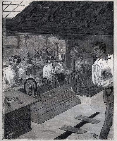 Galvaaninen kultaus: kultajalokiviä kaavin-boessage kaapimella. Kaiverrus vuodelta 1885 kirjassa "Les arts et metiers illustres", kirjoittanut Adolphe BITARD. tekijältä Unknown artist