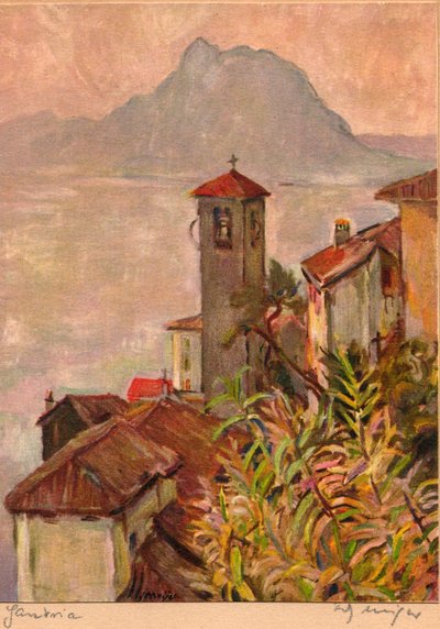 Gandria, Sveitsi, San Salvatore -vuori ja Luganojärvi, Fritz Meijerin postikortti, 1940 (värilitografia). tekijältä Unknown artist