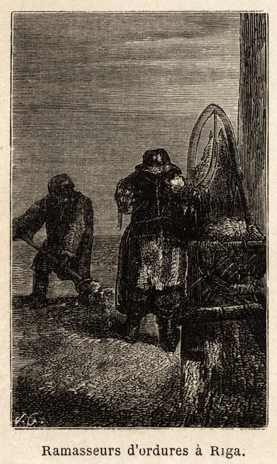 Roskakorit Riiassa. Henrietin piirros havainnollistamaan hänen matkaansa Venäjän Baltian maakuntiin vuosina 1851-54. Kaiverrus kirjassa "" Le tour du monde", toimittanut Edouard Charton tekijältä Unknown artist