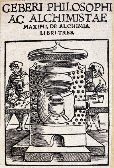 Geberi-filosofi ja alkemisti alkemiasopimuksen otsikkosivu. Geber (v721-v815), arabialkemisti tekijältä Unknown artist