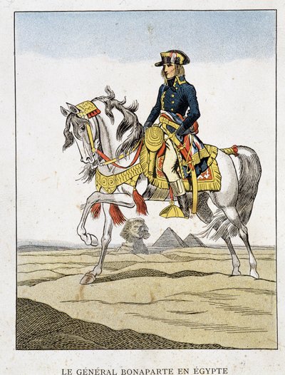Kenraali Bonaparte Egyptissä, muotokuva ratsastamassa pyramidien ja sfinksin edessä. tekijältä Unknown artist