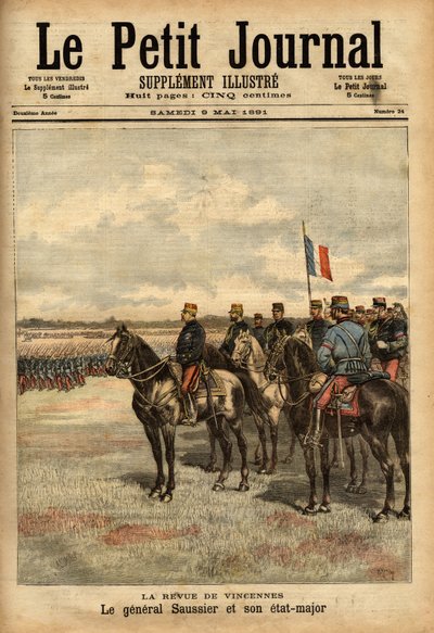 Kenraali Felix Gustave (Felix-Gustave) Saussier (1828-1905) ja hänen esikuntansa tarkastelivat joukot Vincennesissä. Kaiverrus "" Le petit journal illustrious" -julkaisussa 5.9.1891. Selvan kokoelma. tekijältä Unknown artist