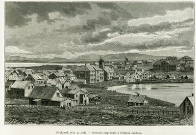 Yleiskuva Reykjavikista. Kaiverrus tarinan havainnollistamiseksi Professori Nils Adolf Erik (Eric) Baron Nordenskjold (Nordenskiold) (1832-1901) uusi tutkimusmatka Grönlannissa, Charles Rabot, tour du monde 1886, Edouard Charin johdolla. tekijältä Unknown artist