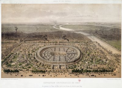Yleiskuva vuoden 1867 maailmannäyttelystä Pariisin Trocaderosta: Champ de Mars ja Seinen ylittävä Ienan silta. 1800-luvun litografia. Pariisi, Musee d