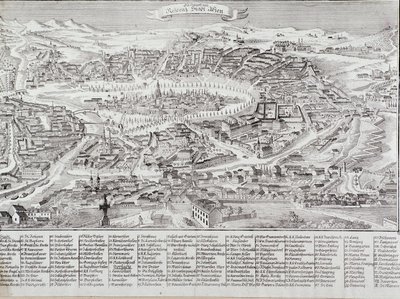 Yleisnäkymä Wienin kaupungista, jossa on yksityiskohdat tärkeimmistä rakennuksista ja monumenteista. Itävalta Kaiverrus 1800-yksityiskokoelmasta tekijältä Unknown artist