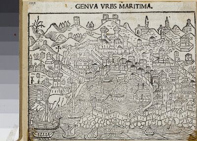 Genova, merikaupunki, Jacopo Filippo Forestin teoksesta Supplementum chronicarum, Venetsia 1486 (puupiirros) tekijältä Unknown artist