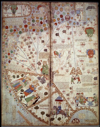Maantieteellinen kartta: Kiina, Gangesin laakso, Sumatra, Ceylan. Katalaani Atlas (Katalaani kartta) (Espanja). Abraham Cresquesin käsikirjoitus vuodelta 1375 (Folio 2v - folio 3). BN, Pariisi tekijältä Unknown artist