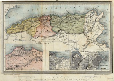 Algerian maantieteellinen kartta ja Algerin, Oranin ja Constantinuksen provinssien tiedot, Amboise Tardieu tekijältä Unknown artist