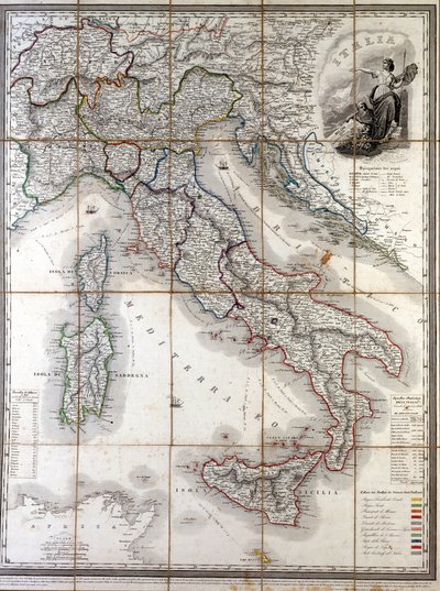 Italian maantieteellinen kartta vuodelta 1850, jossa on rajattu eri valtioiden rajat, jotka muodostivat maan ennen Risorgimentoa. tekijältä Unknown artist
