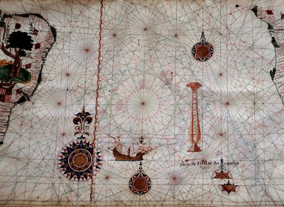 Maantiede: yksityiskohta Luis Lazaren (1500-luku) navigointikartasta, joka edustaa Tristan da Cunhan saariston (tai Tristan d