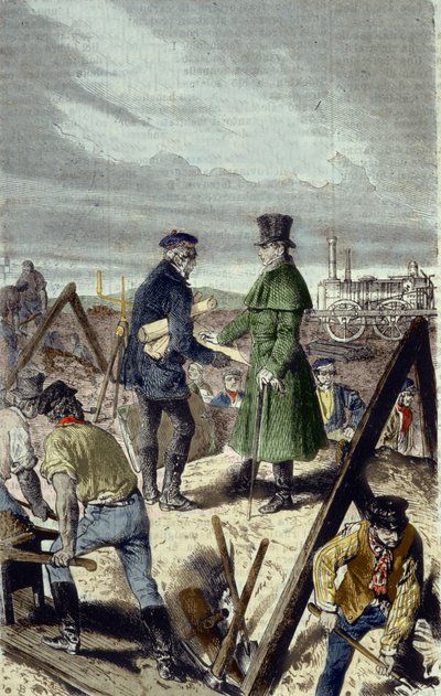 Georges Stephenson (1781-1848), englantilainen insinööri, Liverpool Manchester Roadin rakentaja ensimmäisellä veturillaan. tekijältä Unknown artist