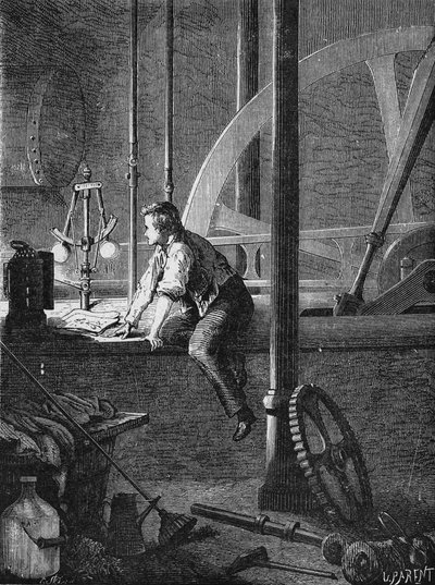 Georges Stephenson, kuljettaja työntekijä Newcastlessa, purkaa ja korjaa höyrykoneensa. Teoksessa ”Album de la Science”, Editions Jouvet tekijältä Unknown artist
