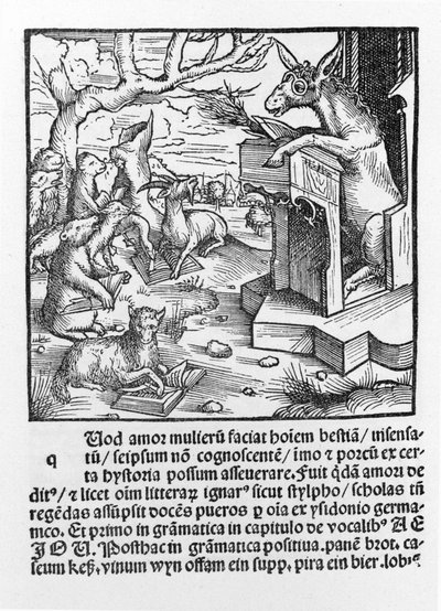 Saksalainen inkunaappi, joka kuvaa aasia opettamassa metsäeläinluokkaa. 1490. tekijältä Unknown artist