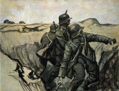 Saksalaiset sotilaat heittävät kranaatteja juoksuhaudoista vihollisjoukkoja kohti. 26/5/1917. tekijältä Unknown Artist