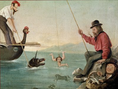 Giuseppe Garibaldi kalastaa Trinacrialla. Satiirinen maalaus, Giuseppe Garibaldi kalastamassa "Trinacriaa". tekijältä Unknown Artist