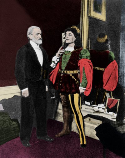 Giuseppe Verdi ja Victor Maurel (Iagossa) helmikuussa 1887 Milanon Scalassa Otellon ensi-illan jälkeen. tekijältä Unknown artist