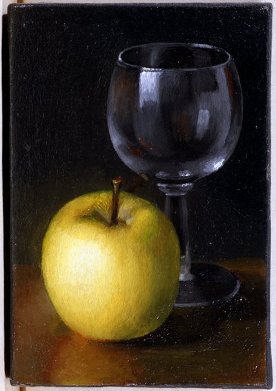 Lasi ja keltainen omena - asetelma, öljy kankaalle tekijältä Unknown artist