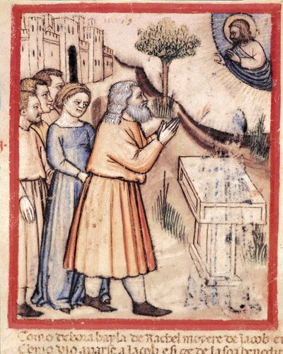 Jumala ilmestyy Jaakobille rakentaessaan pienoisalttarin koodeksesta 212 (tai Padovanon koodista tai Padovan Raamatusta) 1390-1400 Rovigo, Accademia dei Concordi tekijältä Unknown artist