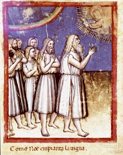 Jumala siunasi Noeta ja hänen perheensä eloonjääneitä vedenpaisumusten miniatyyreistä koodeksista 212 (tai padovano-koodista tai Padovan Raamatusta) 1390-1400 Rovigo, Accademia dei Concordi tekijältä Unknown artist
