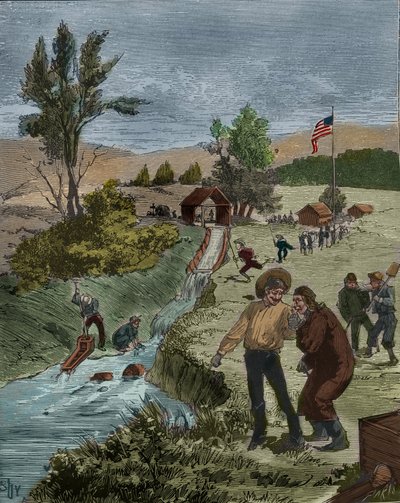 Kultakuume: Kullanetsijät Kaliforniassa pesevät soraa purossa seulalla, kapteeni Sutterin perustaminen. Kaiverrus vuodelta 1885 kirjassa "Les arts et metiers illustres", kirjoittanut Adolphe BITARD. tekijältä Unknown artist