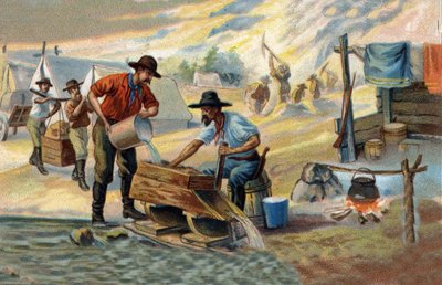 Kullanhakija: menetelmä alkuperäisen kullan pesemiseksi, joka on erotettu kivistä ja hiekasta. 1800-luvun lopun kromolitografia. tekijältä Unknown artist