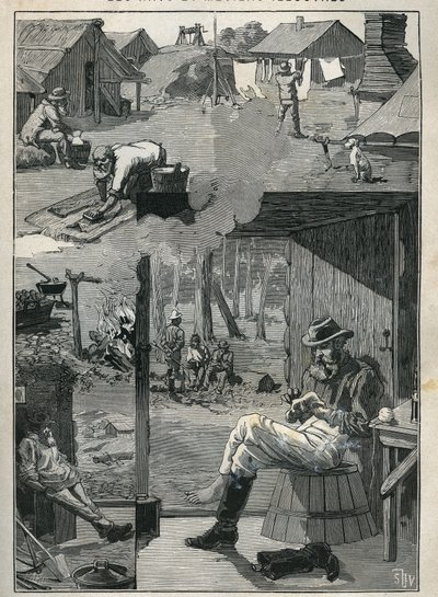 Kullanhakijat Australiassa: kaivostyöläisten arjen tahra lepopäivien aikana (liinavaatteiden, sukkien jne. puhdistus ja kuivaus). Kaiverrus vuodelta 1885 kirjassa "Les arts et metiers illustres", kirjoittanut Adolphe BITARD. tekijältä Unknown artist