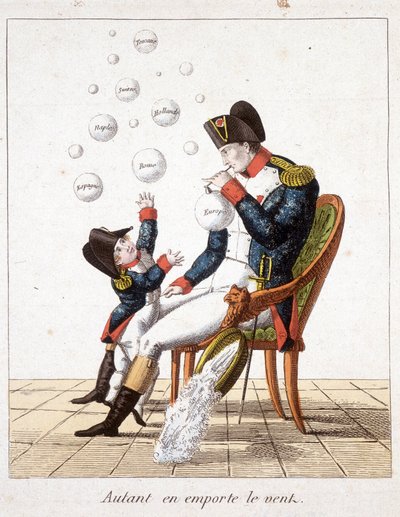 Tuulen viemässä: Napoleon tekee saippuakuplia Toscanasta, Sveitsistä, Hollannista, Napolista, Roomasta, Espanjasta ja Euroopasta - "" Napoleon 1st, karikatyyrejä, nuken kokoelma", n. 1814 tekijältä Unknown artist