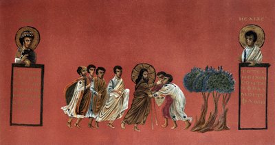 Pyhän Matteuksen evankeliumi - Jeesuksen ihme taistelemassa Jerikon kahta sokeaa vastaan, Kaiverrus 1800-luvulta kreikkalaisen käsikirjoituksen jälkeen. tekijältä Unknown artist
