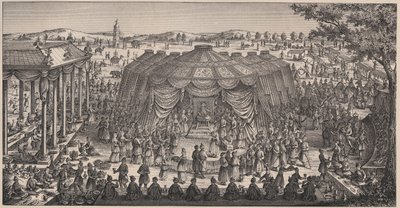 Tamerlanin (1336-1405) (tai Timur Lang, "rapuva Timur") järjestämä suuri juhlatilaisuus Khani Gheulin tasangolla lastenlastensa häiden kunniaksi - Kaiverrus 1800-luku tekijältä Unknown artist