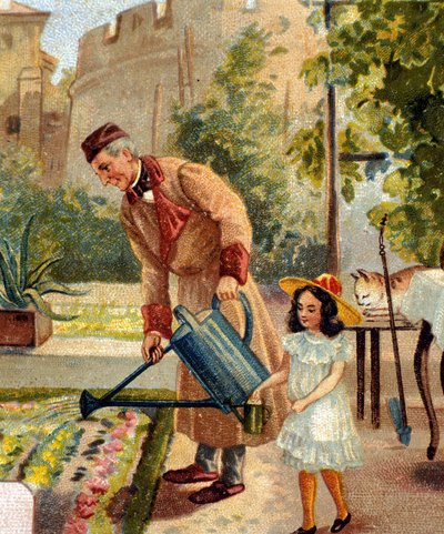 Isoisä puutarhanhoitoa pienen tyttärensä kanssa kromolitografiaa 1800-luvun lopulla tekijältä Unknown artist