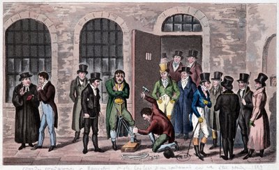 Ison-Britannian vankila: Lontoon Newgaten vankilaan (johon viitataan usein Charles Dickensin romaaneissa) on liitetty kuolemantuomio. Kaiverrus noin 1823. Koristetaiteen Bilbiotheque. tekijältä Unknown artist