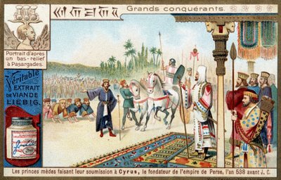 Suuret valloittajat: Meedian ruhtinaat alistumassa Kyros II Suurelle (559-529 eKr.), Persian valtakunnan perustajalle vuonna 538 eKr. - Liebig-kromolitografia tekijältä Unknown artist