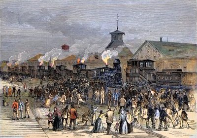 Suuri rautateiden lakko vuonna 1877, moottoreiden esto Martinsburgissa, Länsi-Virginiassa tekijältä Unknown artist