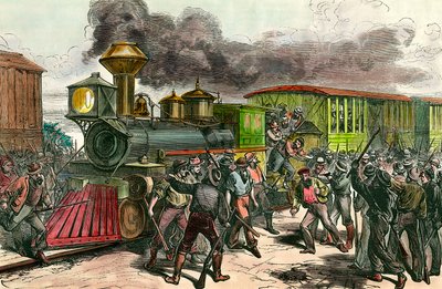Greve Baltimoren yhdistävällä rautatielinjalla Ohiossa Työntekijät jahtaavat kuljettajia ja insinöörejä Baltimoreen suuntautuvasta junasta. 1877 1800-luvun kaiverrus Yksityinen kokoelma tekijältä Unknown artist
