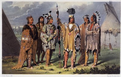Kuuden intiaanipäällikön ryhmä - Paul Kanen, Longmans & Roberts, Lontoon teoksessa "Taiteilijan vaeltaminen Pohjois-Amerikan intiaanien joukossa" tekijältä Unknown artist